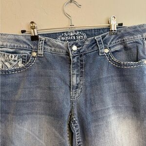 Paisley Sky Faded Blue Jeans with White Stitching